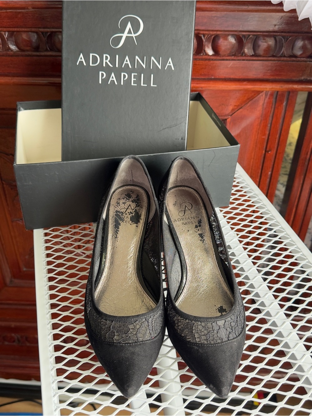 Adrianna Papell Black Lace Pointed Toe Flats with Sheen